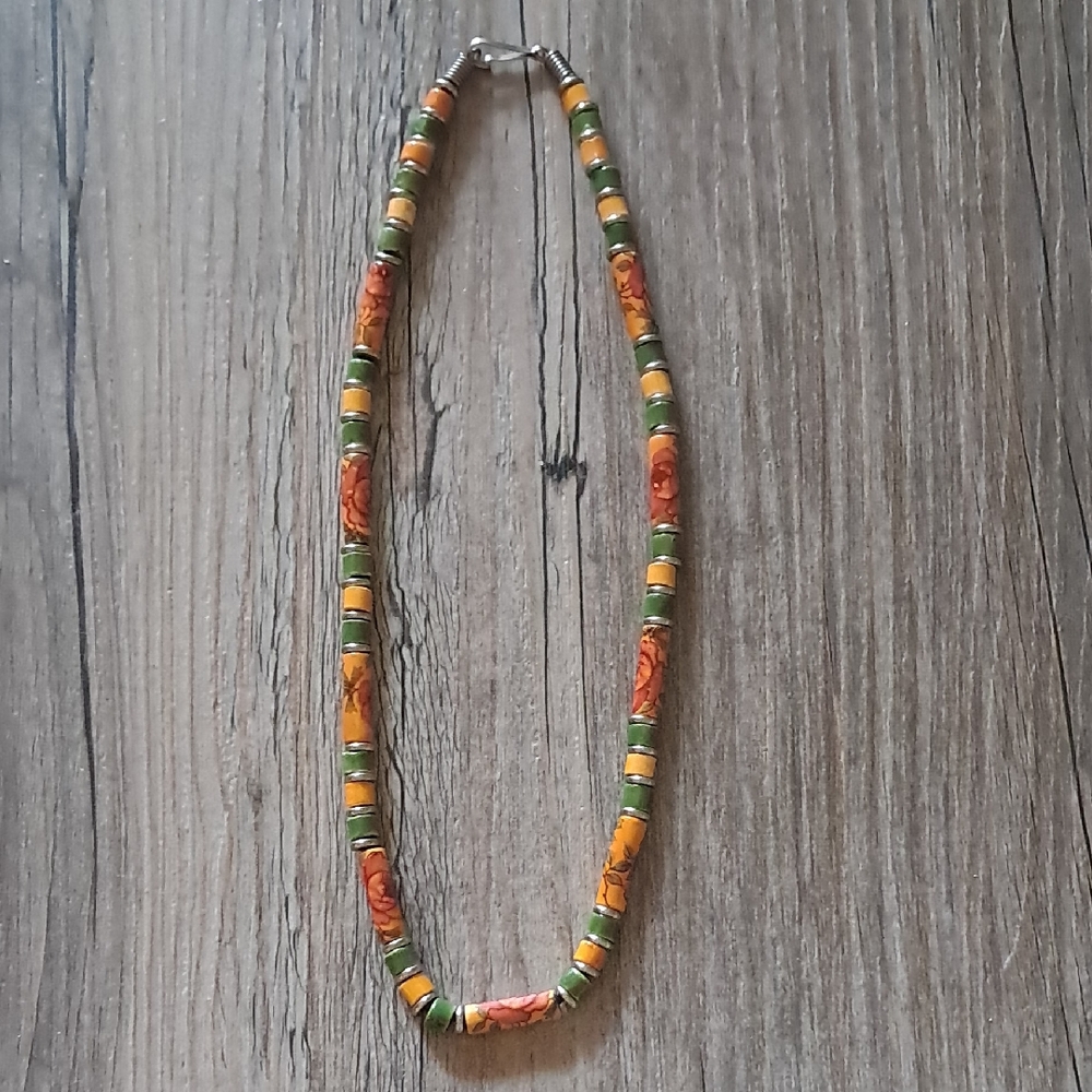 Clay Beaded Necklace In Mustard Yellow And Green